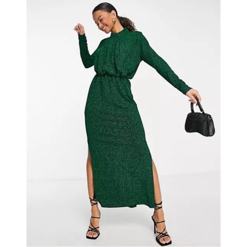 Y.A.S. NWT Green Glitter Long Sleeve Ruched Front Midi Dress XXL - Picture 1 of 16